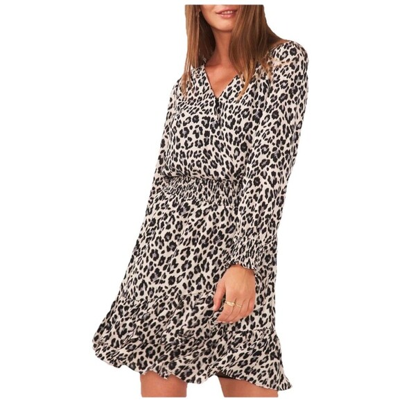 Vince Camuto Leopard Print Smocked Waist Long Sleeve Ruffle Hem Dress Size Small - Picture 1 of 14